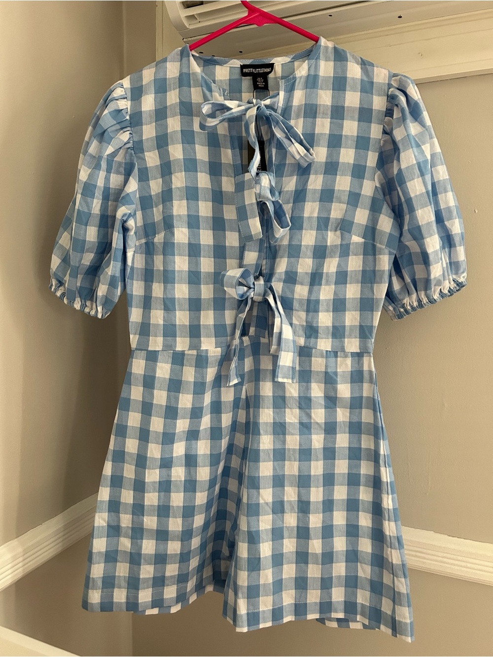 PrettyLittleThing Blue and White Gingham Tie-Front romper